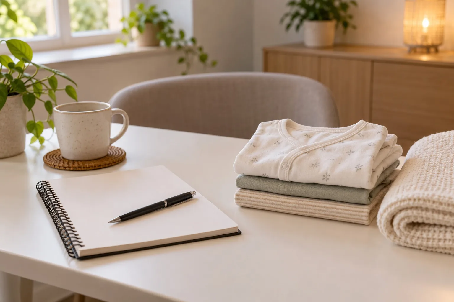Notizbuch mit Stift neben gefalteter Babykleidung und einer Decke